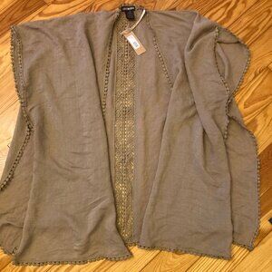NWT Taupe Tan Shawl / Cardigan with Crochet Details on Hem and Back